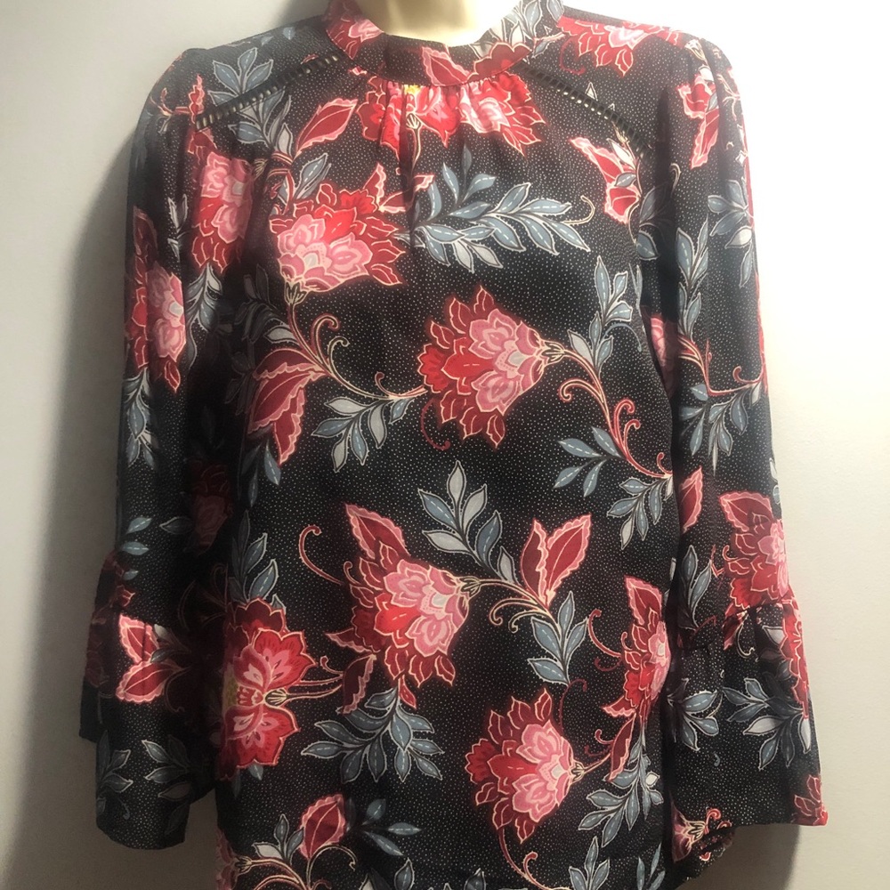 LOFT Red and Silver Blouse with Ruffled Sleeves